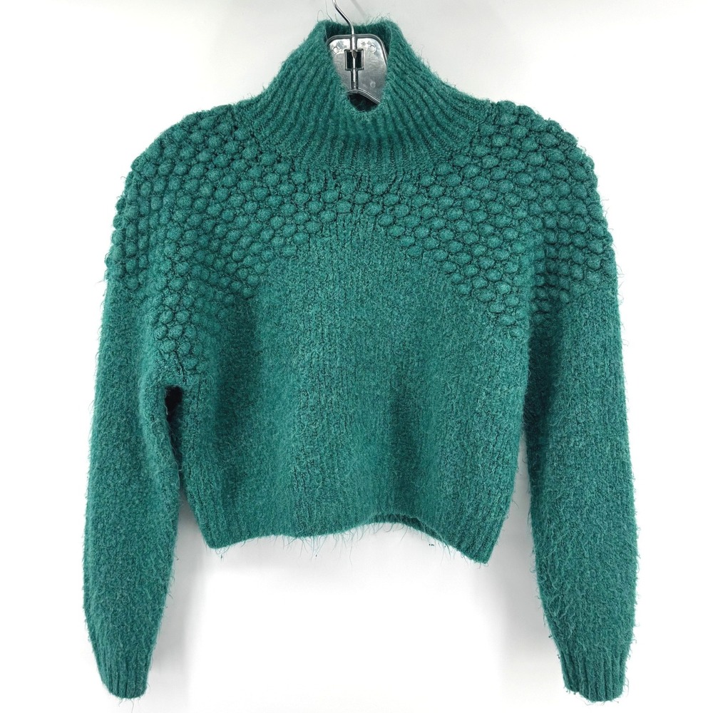 Free People Sweater Women XS Green Mock Neck Boho Chunky Cropped Cozy Pull Over